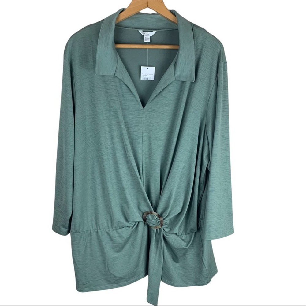 NWT Est. 1946 Green Collar V Neck Belted Blouse
